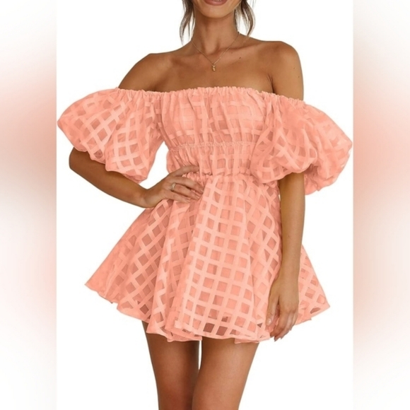 PrettyGarden Dresses & Skirts - Pretty Garden Peach Off The Shoulder Babydoll Mini Dress – NWT – Women’s Size S